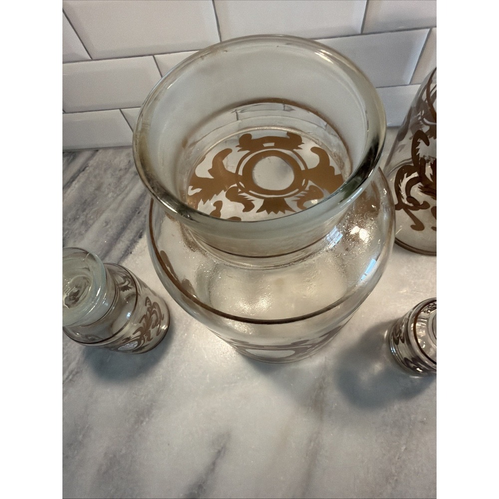 Set Of 5 Antique Clear Glass Apothecary Pharmacy Lidded Jars Gold Hand Decorated - Picture 14 of 16